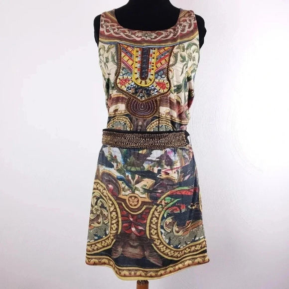 𝅺Desigual Scroll Medallion Egyptian Embroidered Sleeveless Blouson Dress S - Picture 1 of 13